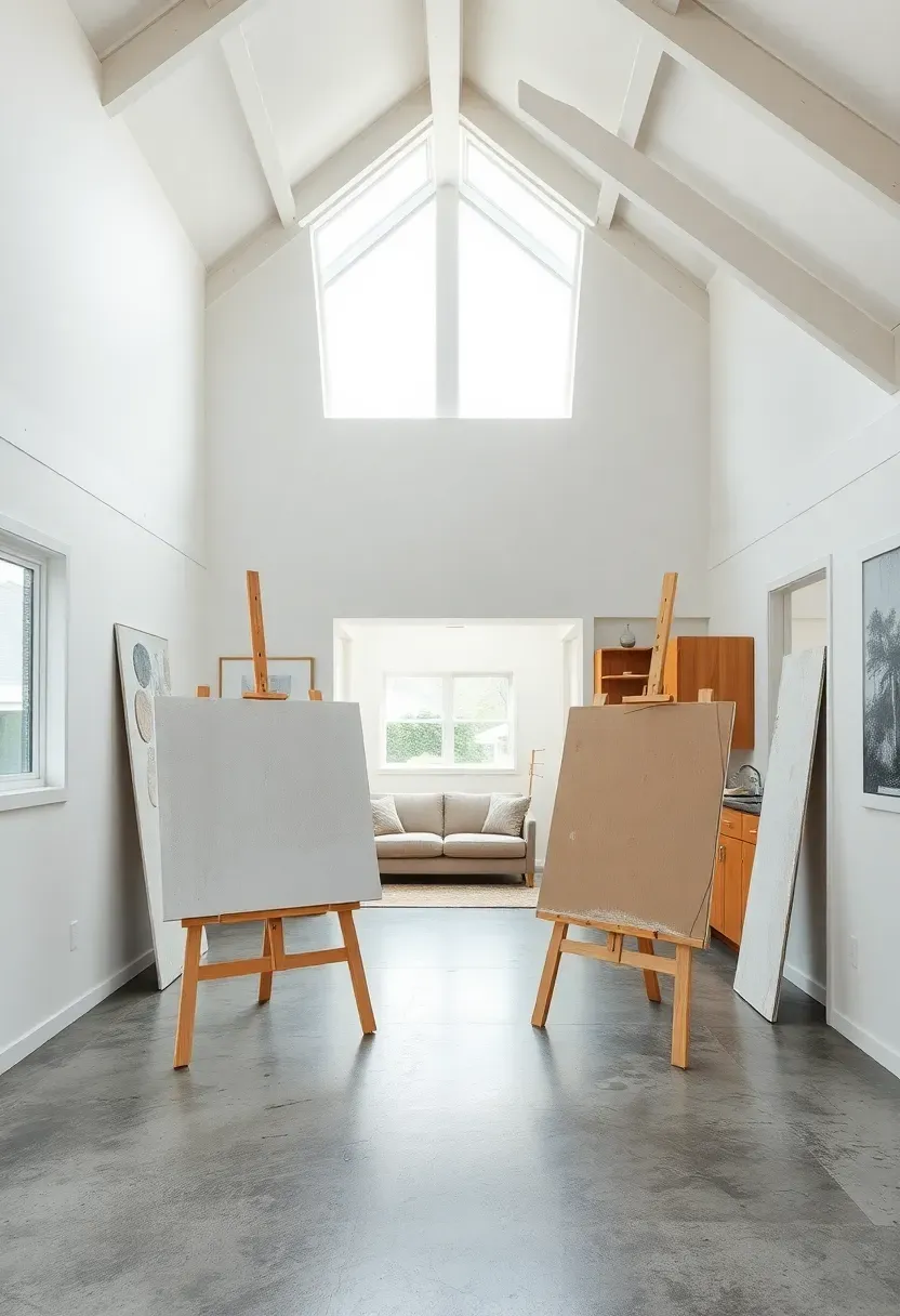 Artist studio ADU with a tall north-facing clerestory window band flooding the interior with even diffused light, visible easels, and a compact living area at the rear