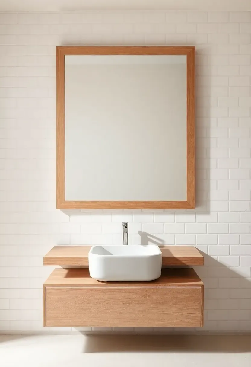 Hyper-realistic front view of large rectangular mirror with 3-inch white oak frame, white oak floating vanity below with matte white sink, brushed nickel faucet, white subway tile walls flanking. Materials: white oak frame, silvered mirror glass, white oak vanity, matte ceramic sink, brushed nickel. Warm low diffused light, warm oak tones against creamy neutrals. Natural minimalist mood, sharp frame detail, balanced composition. Vertical 2:3 framing. No logos.</p>