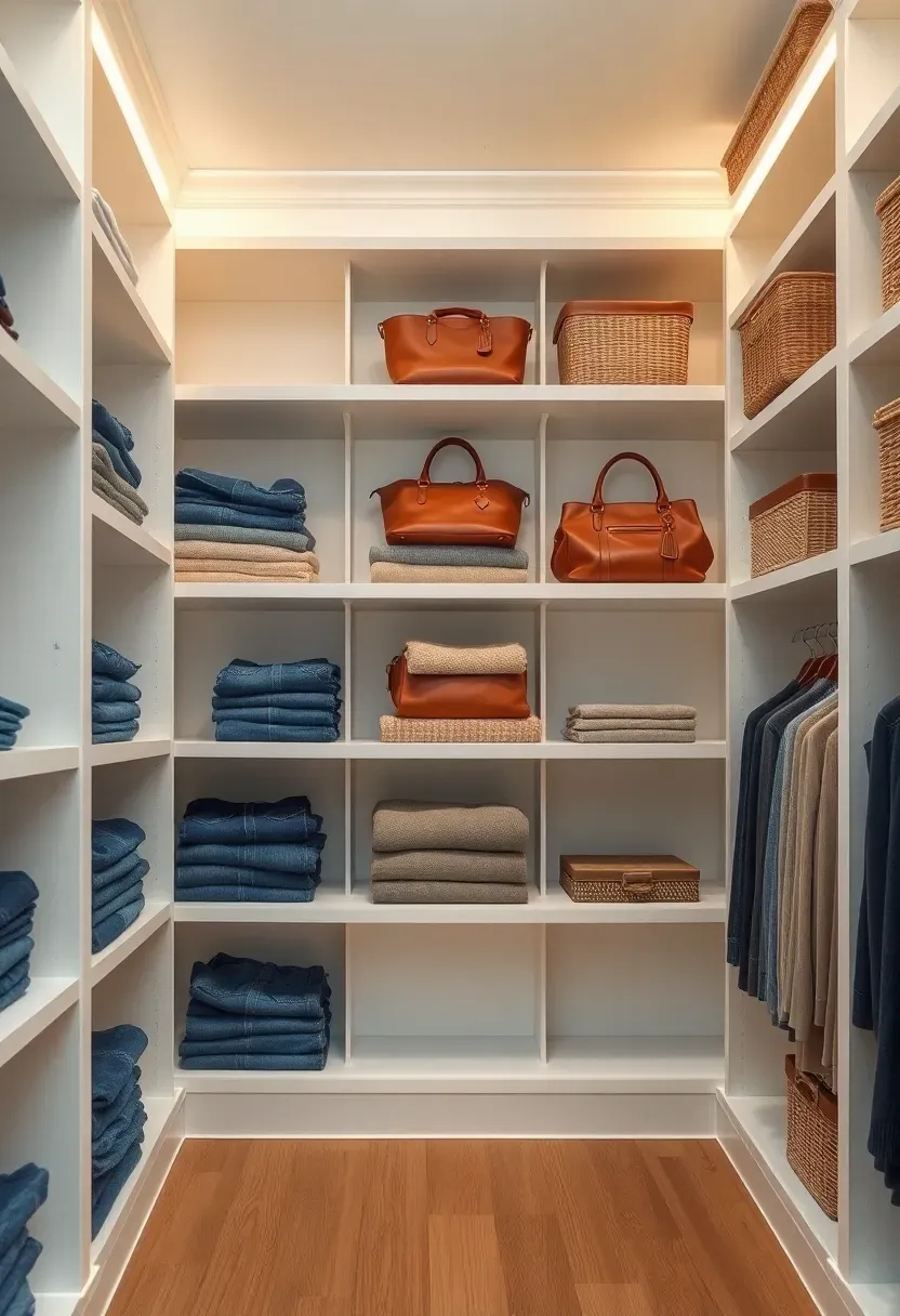 Closet wall covered in floor-to-ceiling white open shelving filled with neatly folded jeans, sweaters, bags, and decorative boxes under warm recessed lighting