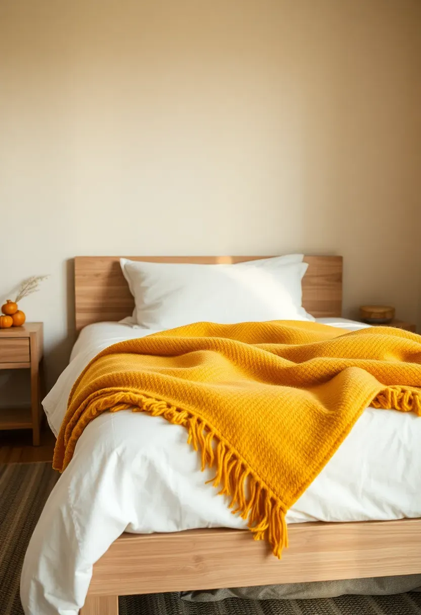 Mustard wool throw at the foot of the bed