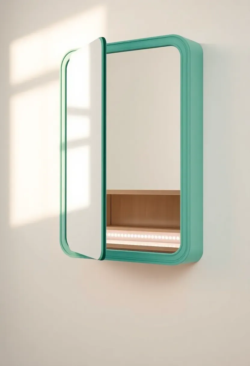 Wall-mounted bathroom mirror with hidden sliding panel that opens to reveal secret storage compartments with interior LED lighting