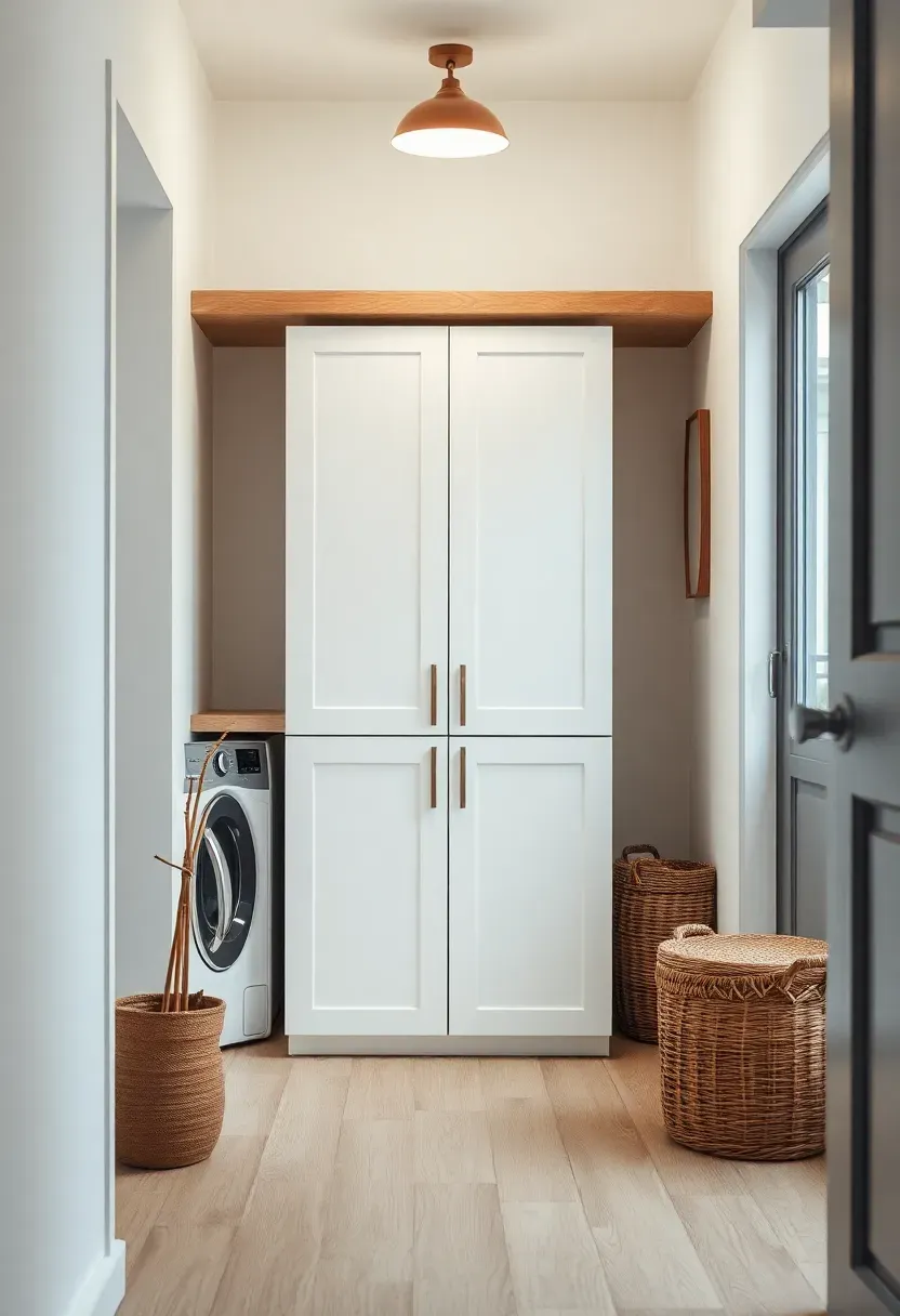 Hyper-realistic view of modern tiny house with hidden laundry cabinet doors closed in hallway or nook. Materials: white shaker-style cabinet doors, light wood flooring, countertop above, woven baskets nearby. Soft ambient lighting from hallway fixture. Clean composition showing cabinet as seamless built-in element. No visible appliances or hardware. No text, no logos, interior design magazine style.</p>