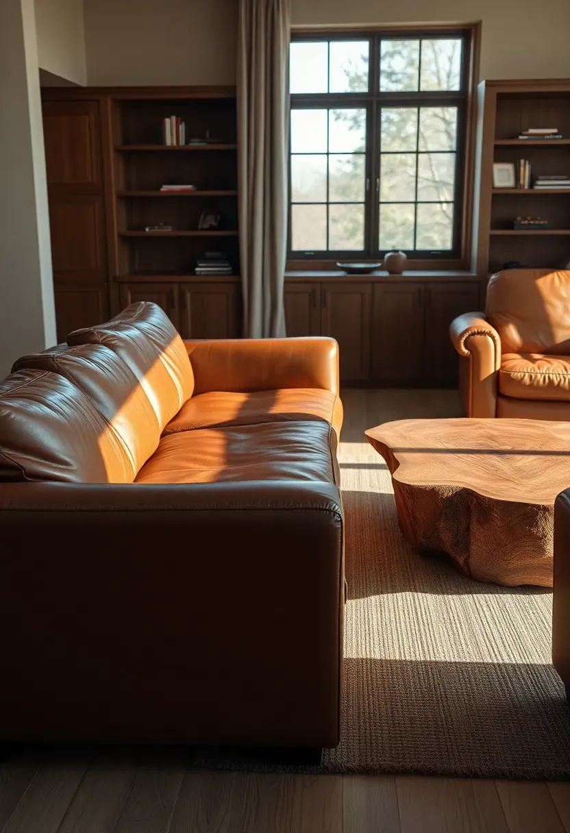 Hyper-realistic 3/4 view of masculine organic living room. Cognac leather sofa with visible patina, walnut coffee table with live edge, white oak flooring, leather armchair. Materials: full-grain leather with natural variations, walnut wood with grain, white oak flooring, wool rug in dark beige. Warm natural light from window, leather glowing in sun. Sophisticated organic modern mood with warm brown palette. Shallow depth of field, sharp details on leather texture and wood grain, minimalist accessories, visible built-in bookshelves with wood.</p>