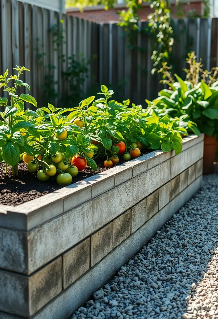 Row of concrete block raised garden beds with vegetables growing in a clean backyard remodel layout