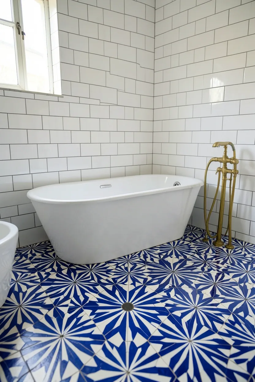 Hyper-realistic eye-level photograph of a Moroccan-style bathroom floor showing ceramic tiles in Moroccan starburst geometric patterns in cobalt blue and white with black accents, white subway tile walls with white grout, white freestanding tub, brass fixtures. Natural light. Materials: blue and white ceramic tiles, white subway tiles, porcelain tub, brass fixtures. Dramatic starburst floor pattern. Complex geometric design. No text, no logos, no watermarks.</p>