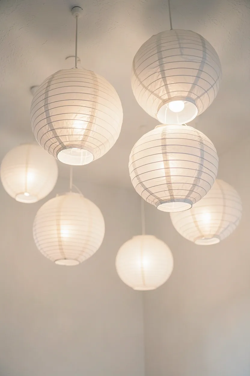 White Japanese paper lanterns hanging at varying heights for ambient light in a Japandi bedroom
