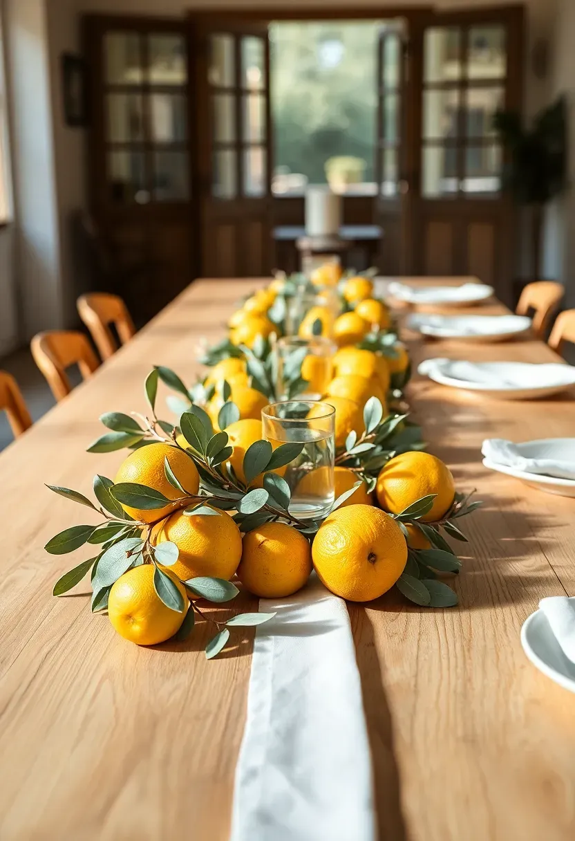 lemon and greenery citrus table runner centerpiece with eucalyptus and bright lemons