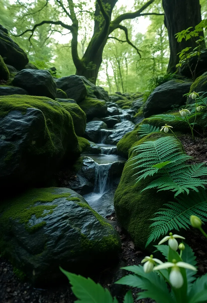 Shaded woodland waterfall with water seeping between moss-covered boulders in a ravine garden, surrounded by ostrich ferns, trillium, and wild ginger in dappled oak light