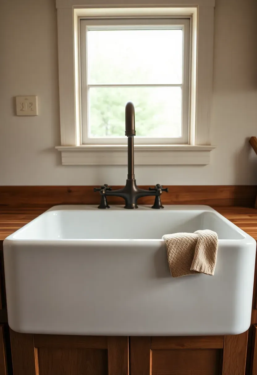 white fireclay apron front farmhouse sink with oil rubbed bronze faucet in a barndominium kitchen