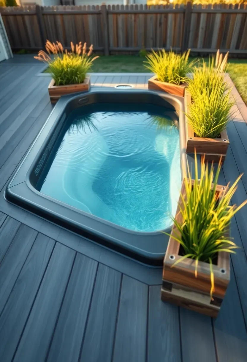 Swim spa mounted flush into a gray composite deck with clean edges and built-in planter boxes at the perimeter