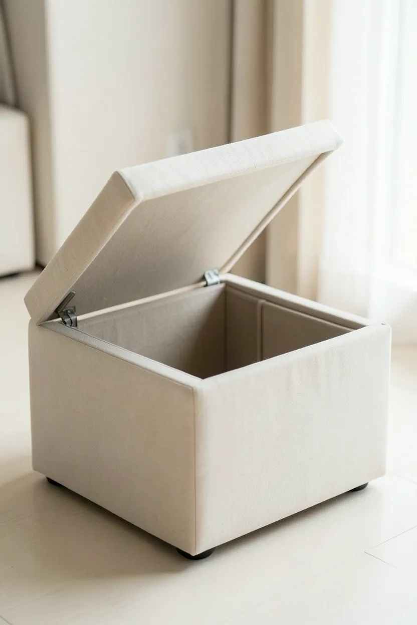 Round linen storage ottoman used as coffee table and extra seating in a compact Nordic-style rental living room