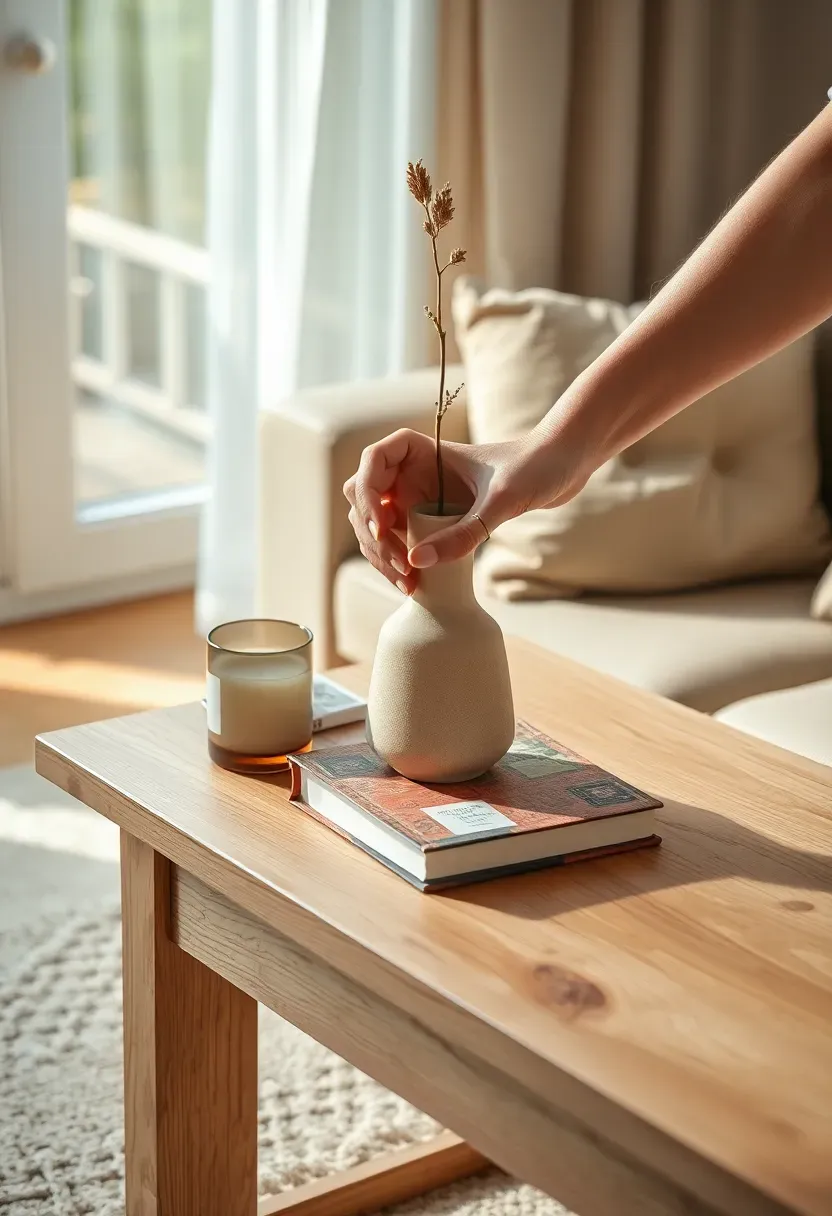 Hands rearranging objects on a side table showing the process of editing and refreshing decor