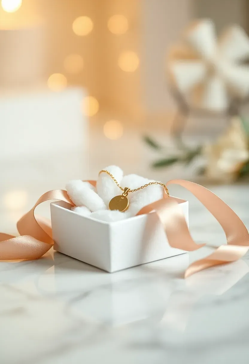 delicate gold necklace with small pendant in white gift box with satin ribbon on marble surface