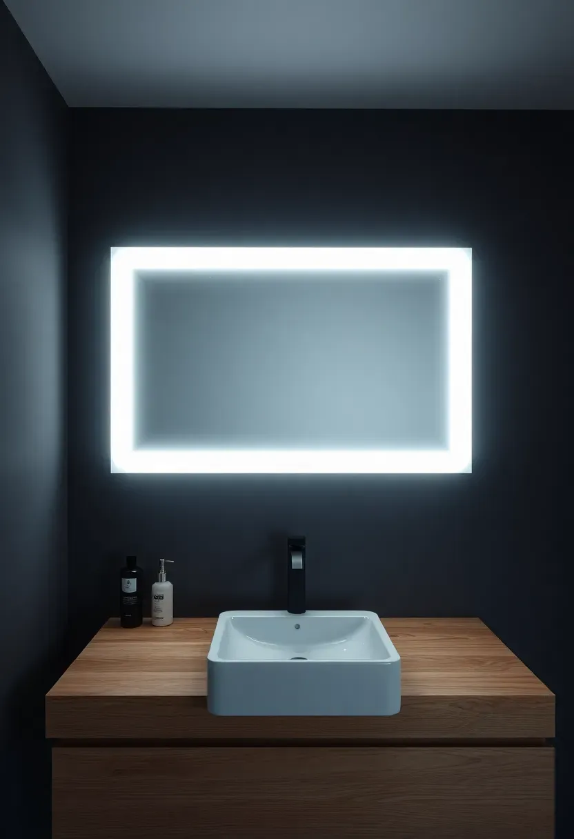 Rectangular backlit LED mirror glowing softly in a modern bathroom with dark gray walls and floating vanity
