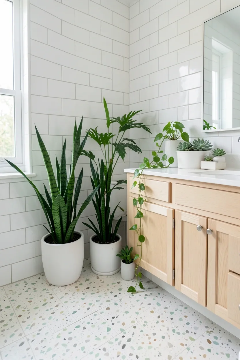 White bathroom with green snake plant, trailing pothos, terrazzo tile floor, and white subway tile walls for a fresh natural look