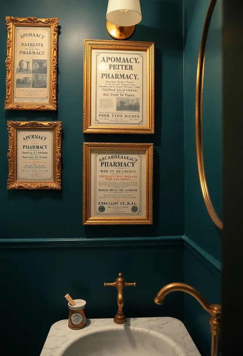 Vintage pharmacy and apothecary label prints in ornate gold frames arranged on a dark teal powder room wall