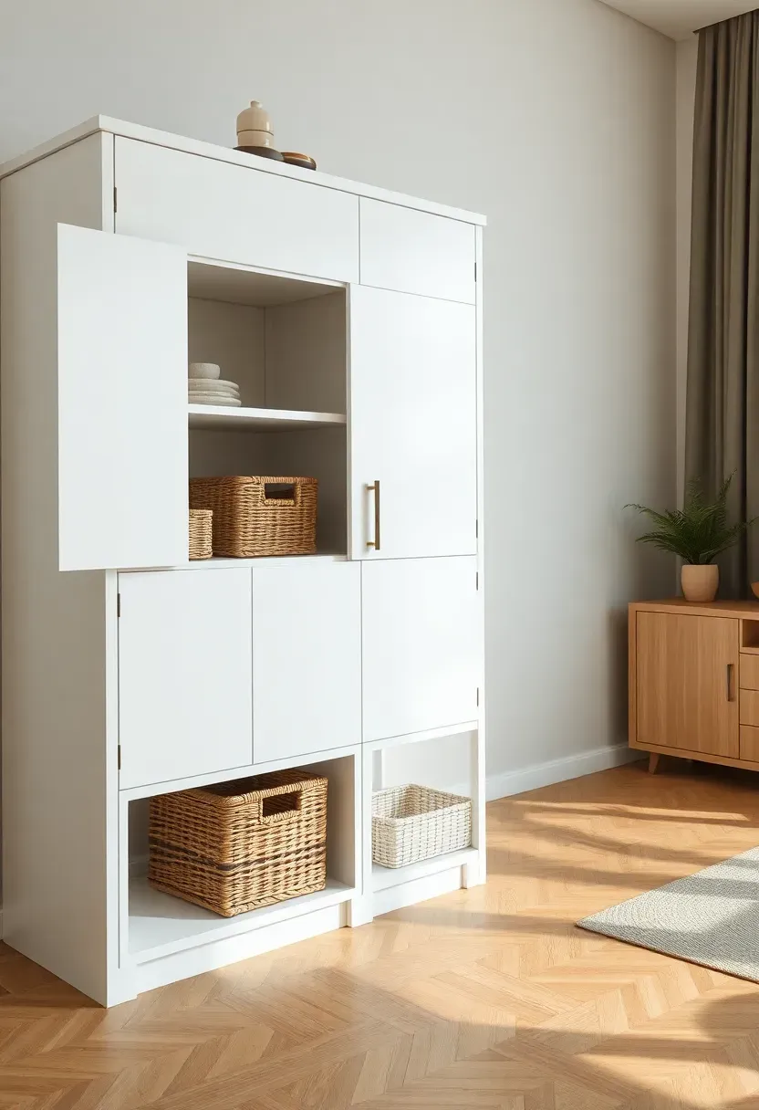 Hyper-realistic 3/4 view of modern minimalist living room featuring white lacquer cabinet with push-to-open doors, woven storage baskets on lower shelves, light wood sideboard with closed storage. Materials: matte white finish, natural seagrass baskets, oak wood floors. Soft diffused daylight, airy clean atmosphere. Few visible decorative objects on top. No text, no logos, no watermarks.</p>