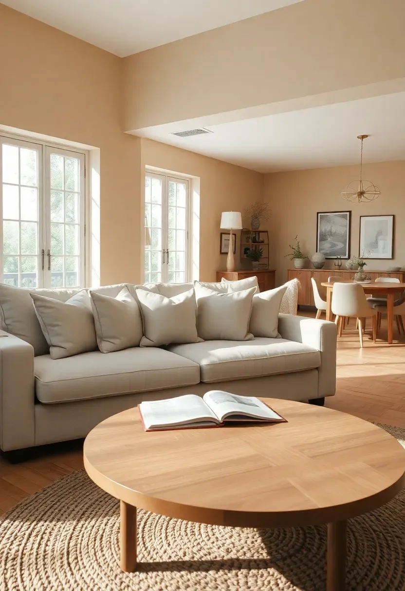 open concept living and dining space painted in warm sandstone beige with natural linen furniture