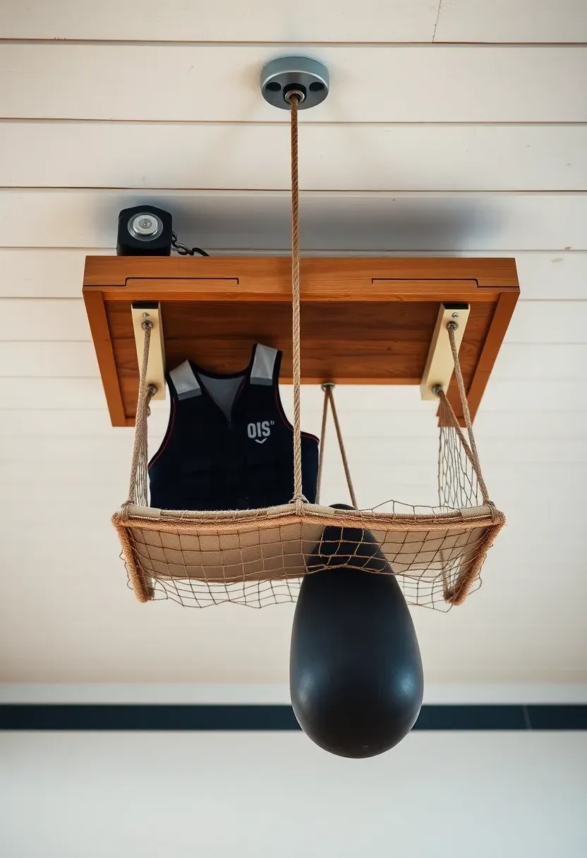 Hidden ceiling storage pulley system hoisting a weighted vest and seasonal equipment out of the way in a high-ceiling home gym