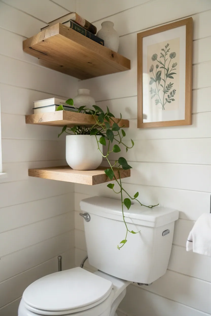 Pothos and small fern on a floating shelf in a small bathroom, adding organic greenery and spa-like warmth to a rental space