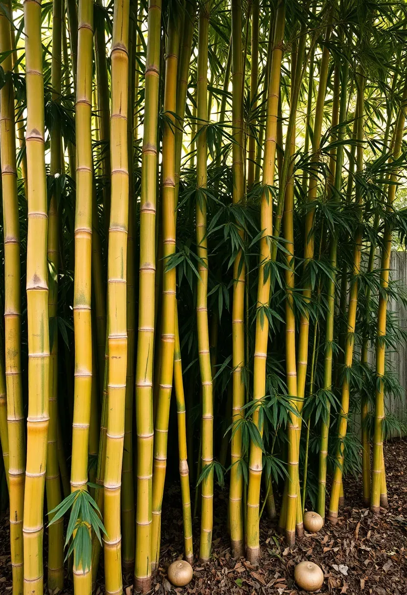 Dense clumping bamboo growing tall and green along a backyard fence line creating a thick natural privacy screen