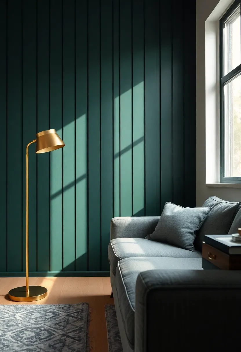 Hyper-realistic close-up view of living room accent wall featuring vertical wood slats painted in deep hunter green with visible spacing between slats, gray sectional and brass floor lamp in foreground. Materials: vertical wood slats approximately 2 inches wide with 0.5 inch gaps, deep hunter green matte paint, light oak floor, gray linen sofa, brass lamp. Side lighting emphasizing shadow patterns created between slats, visible room context showing full slat wall from floor to ceiling with window on adjacent wall. Shallow depth of field with sharp slat detail, no text or logos.</p>
