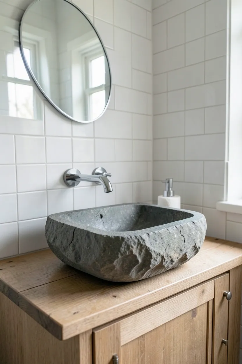 Hyper-realistic eye-level photograph of a rustic bathroom featuring natural slate stone vessel sink with cleft texture and subtle gray variations, wood vanity cabinet below, chrome faucet, white subway tile walls, small round mirror. Natural light. Materials: natural slate stone, white wood, chrome fixtures, white ceramic tiles. Authentic stone vessel sink. Cleft stone texture. No text, no logos, no watermarks.</p>
