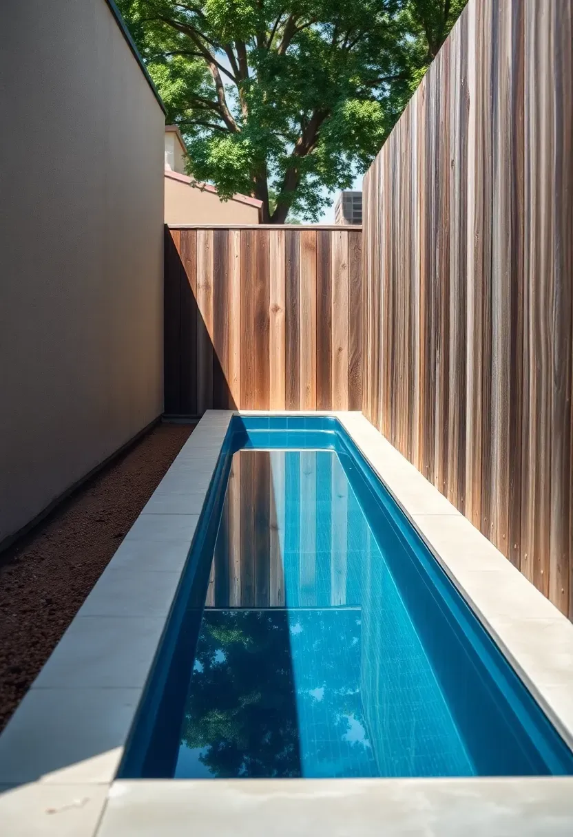 Narrow lap pool installed along side yard fence with space-saving design