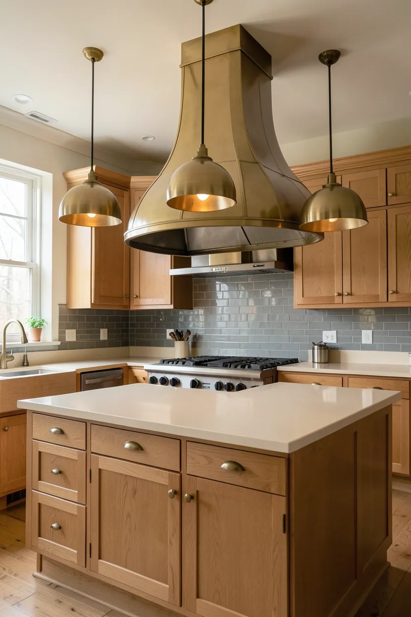 Hyper-realistic wide shot of a fall kitchen featuring statement range hood. Large brass range hood with curved design and visible seams hangs over professional-style range. Hood provides dramatic focal point drawing eye upward. Surrounding light oak shaker cabinetry. Warm cream quartz countertop. Brass hardware throughout. Three brass pendant lights over island. Warm gray subway tile backsplash. Natural light from windows. Clean surfaces. No text, no logos, no watermarks.</p>
