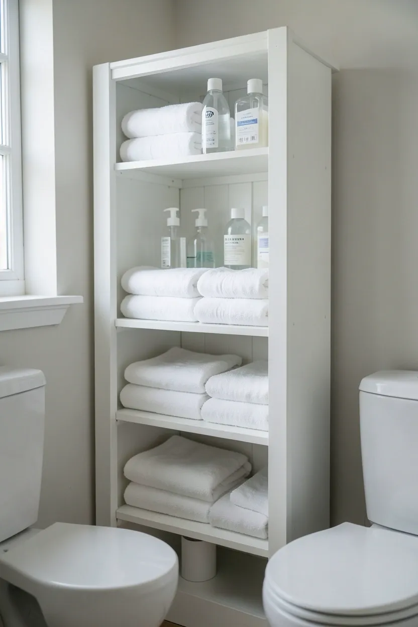 Slim freestanding storage tower with open shelves beside a rental bathroom vanity — no-installation bathroom storage