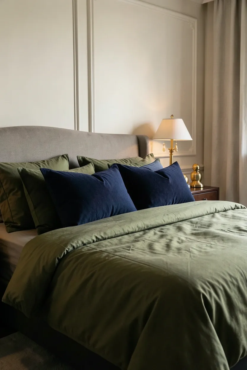 Olive green bedroom with dusty pink throw pillows, velvet cushions, and warm wood dresser — romantic earthy color combination