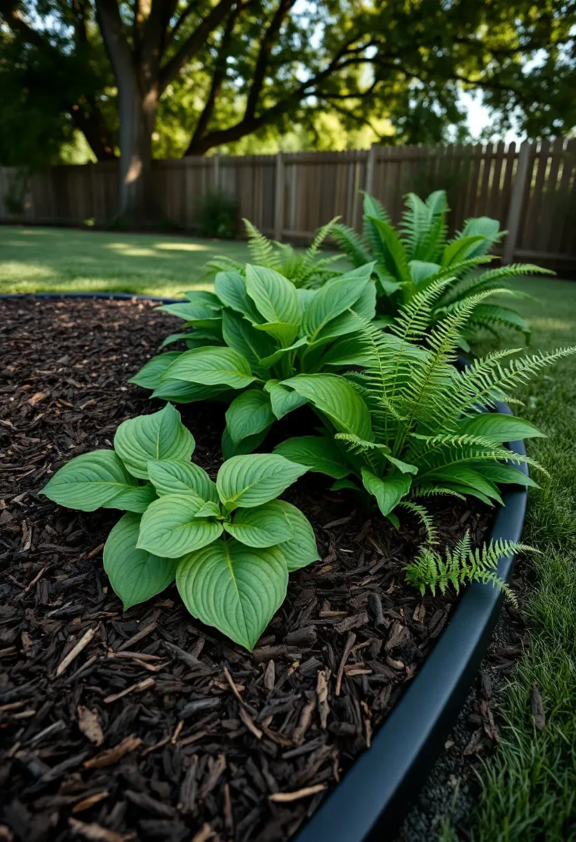 Fresh dark hardwood mulch spread around hostas and ferns in a shaded backyard bed with clean metal edging
