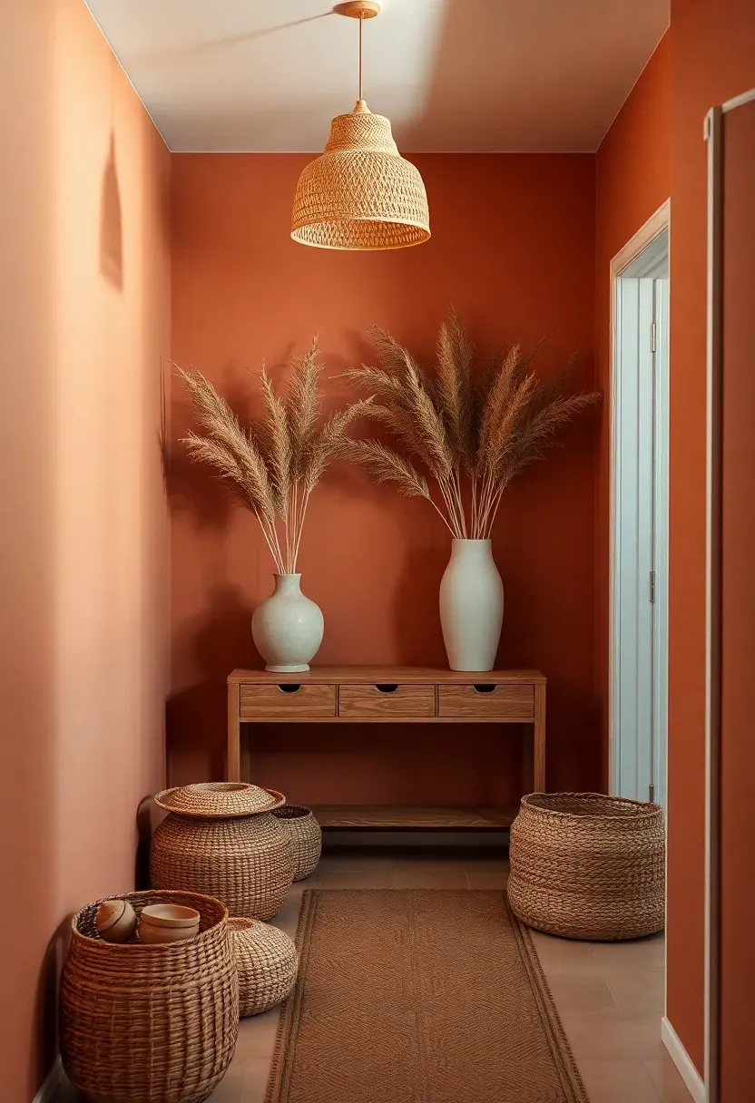 basement room painted clay pot terracotta with woven baskets and natural wood accents