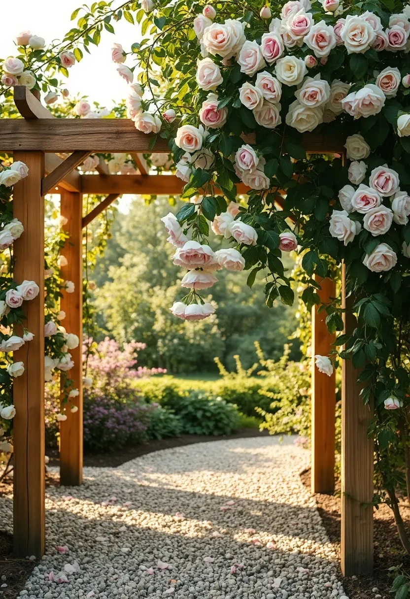 A wooden garden arbor covered in climbing pink and white roses creating a fragrant entrance to a backyard garden path