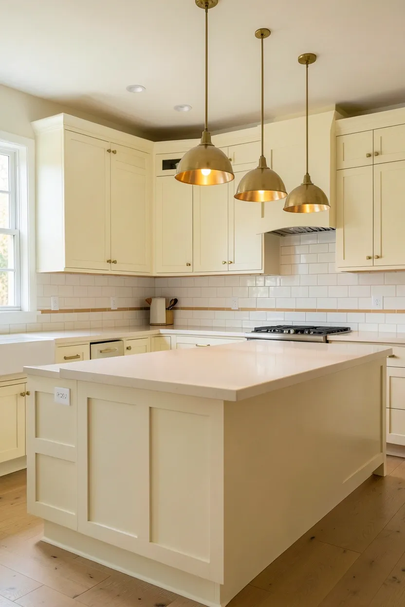 Hyper-realistic wide shot of a bright fall kitchen with warm white shaker cabinetry. Cabinets painted in cream-white with subtle yellow undertones. Brass hardware and pulls on all cabinets and drawers. Large island in same warm white with waterfall edge. Quartz countertop in soft warm cream. Three brass pendant lights with domed shades hang over island. Subway tile backsplash in white with warm grout. Natural light from windows. Clean minimalist surfaces. No text, no logos, no watermarks.</p>