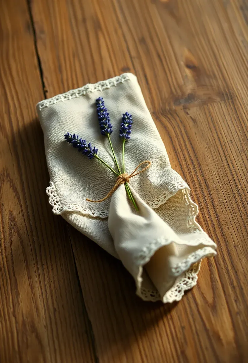 vintage style linen napkin with a delicate lace border folded and tied with dried lavender on a farmhouse table