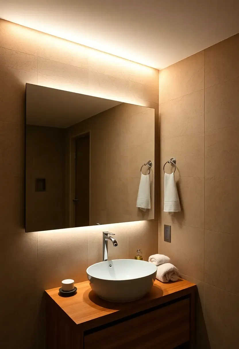Recessed LED cove wash above a frameless mirror with backlit glow in a spa bathroom with stone slab walls and warm wood accents