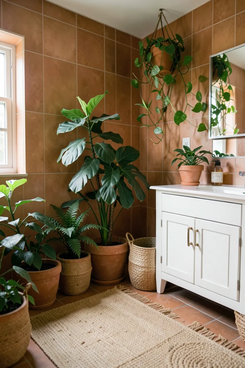 Bohemian bathroom with terracotta wall tiles, lush potted plants in terracotta pots, woven basket, and linen textiles