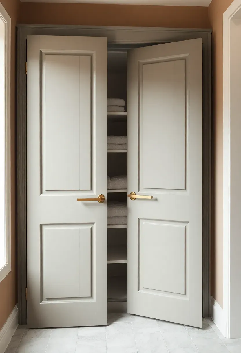 Double-door shaker style bathroom closet in warm gray with brass knobs and visible shelf edges
