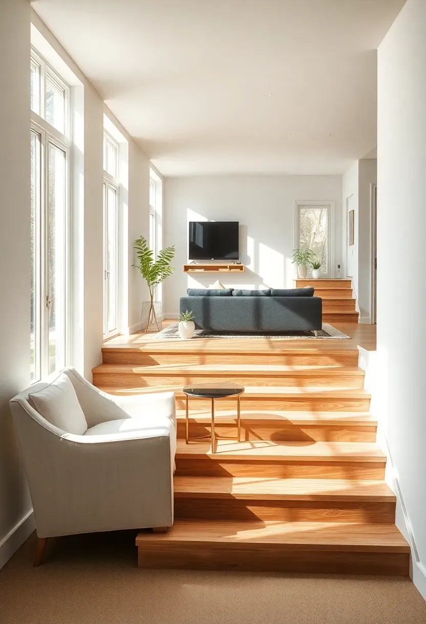 Daylight basement with a split-level layout showing a lower sunroom with floor-to-ceiling windows and an upper platform living area connected by three wide steps