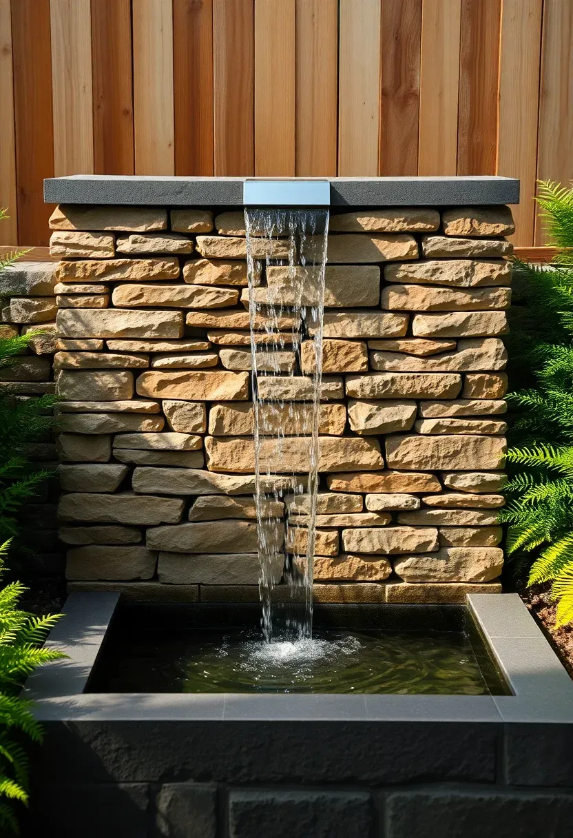 Modern stacked stone water feature wall with water cascading into a basin along a backyard fence line