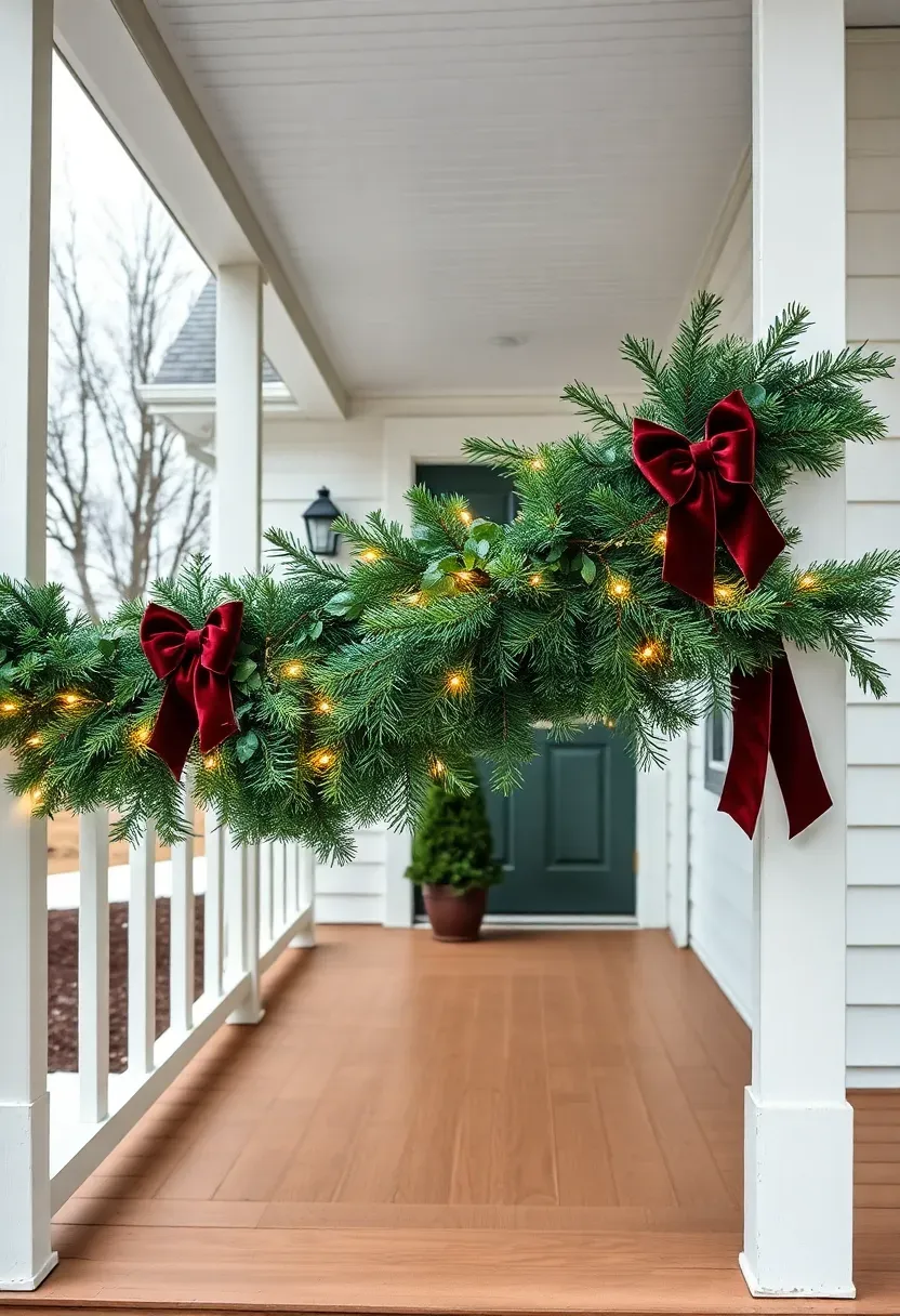 Hyper-realistic exterior shot of front porch featuring fresh pine garland draped along white wooden railing. Garland (8-inch diameter) cascades gently between four porch posts, each post decorated with large velvet burgundy bow. Warm white LED micro lights woven throughout garland create subtle glow. Porch floor is painted wood, front door with glass panels visible beyond, small evergreen in pot near entrance. House has white siding, gray roof, bare trees visible in yard. Materials: fresh pine, velvet ribbon, painted wood, LED lights. Soft daylight (5000K) with overcast sky creating even illumination, welcoming holiday mood, medium shot showing porch as focal zone, composition emphasizing horizontal railing line. No text logos watermarks.</p>