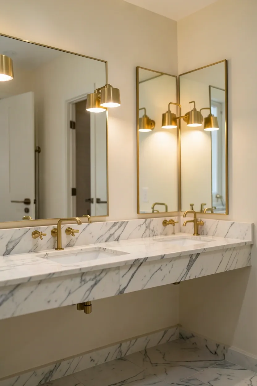 Dual vanity with marble countertop, gold-framed mirrors and LED Hollywood lighting in a luxury bedroom dressing area
