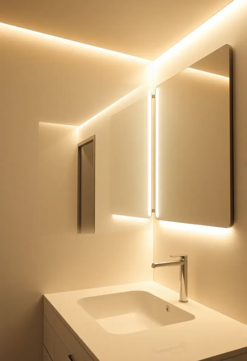 Integrated LED lighting system in a modern luxury bathroom with warm ambient strips under floating vanity and recessed ceiling fixtures