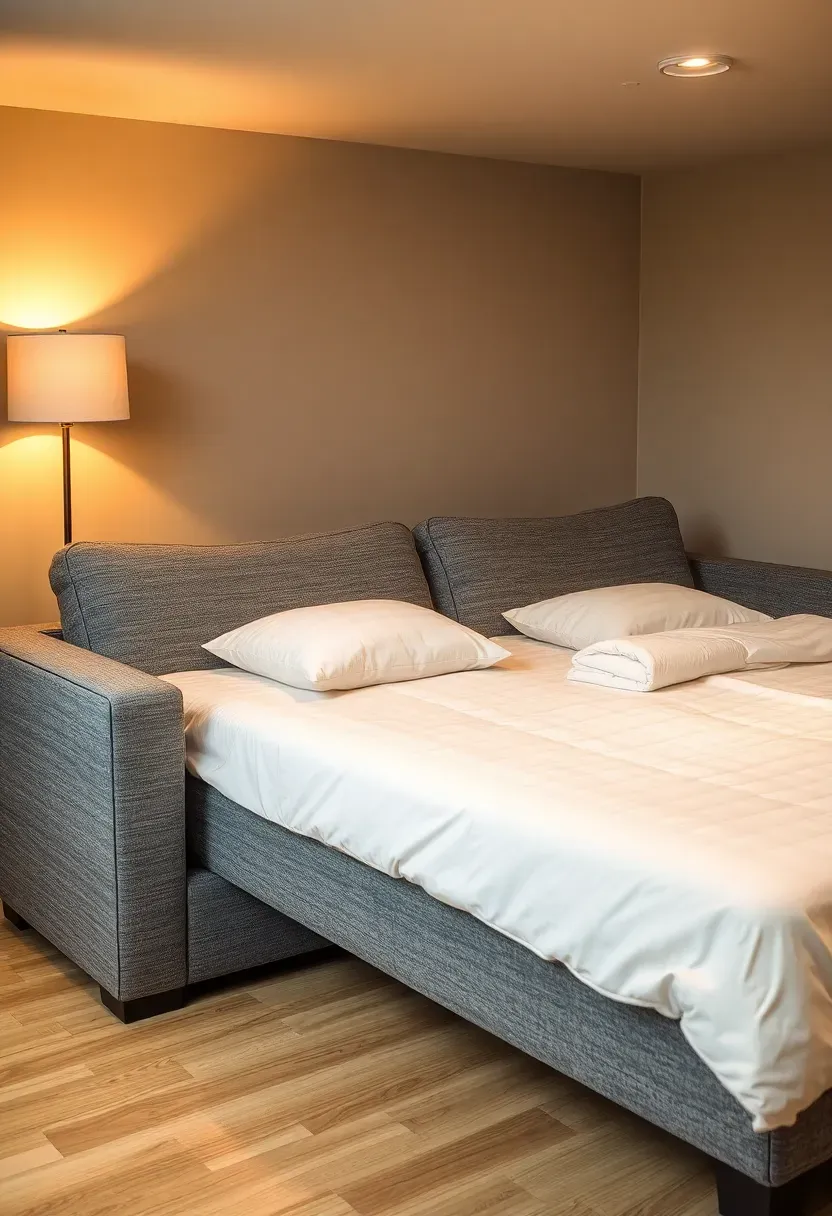 Gray convertible sleeper sofa pulled out into a bed in a basement guest room setup