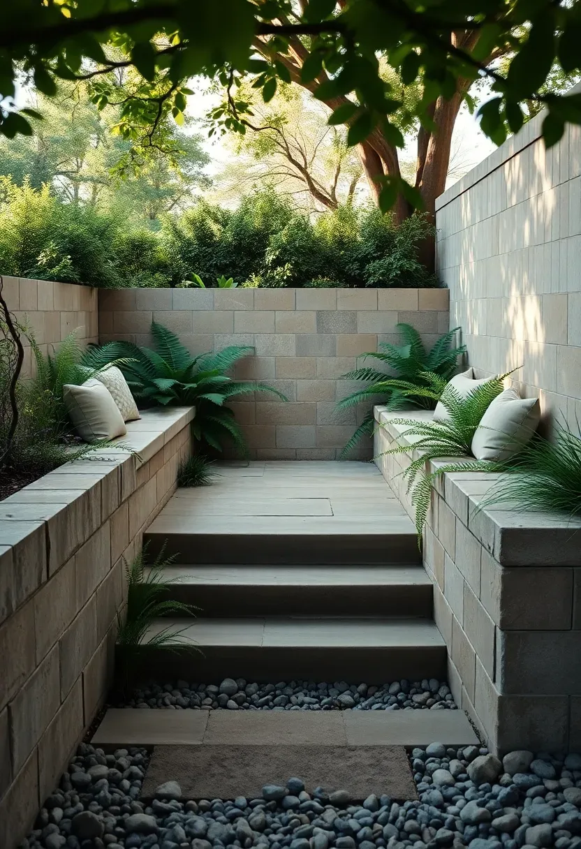 Sunken patio with natural stone steps leading down to a cozy seating area surrounded by lush greenery and built-in bench seating