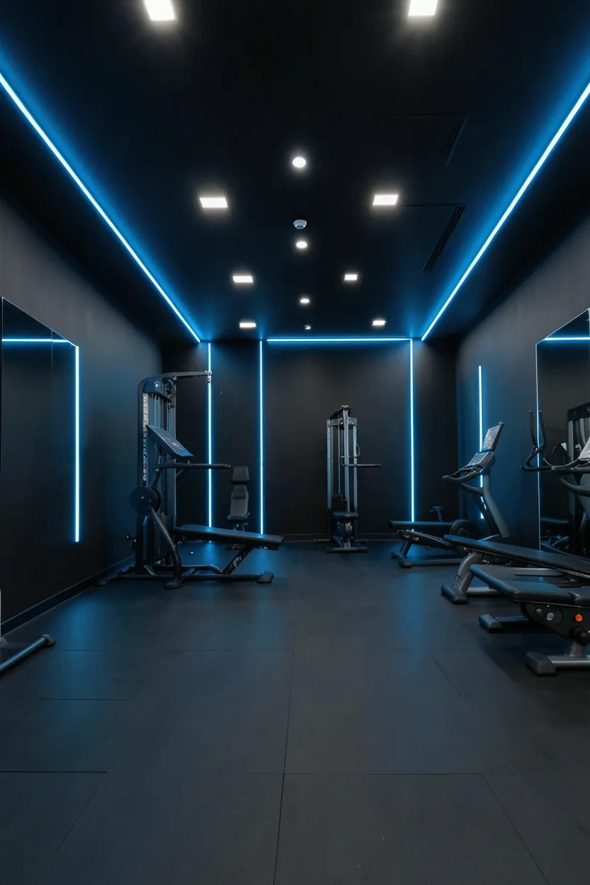 Matte black basement gym with electric blue neon LED accent strips framing the weight rack and doorway