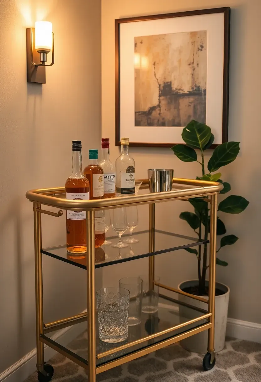 stylish dry bar cart station in a basement corner with brass bar cart cocktail accessories and framed art above