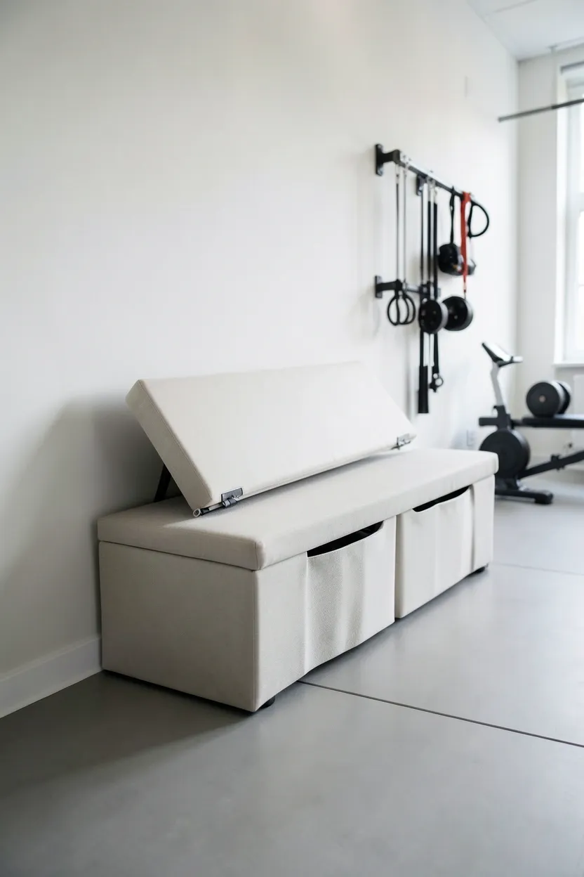 Light-colored storage bench in a small gym room with open lid revealing yoga mat, resistance bands, and foam roller — multifunctional furniture for compact workout spaces