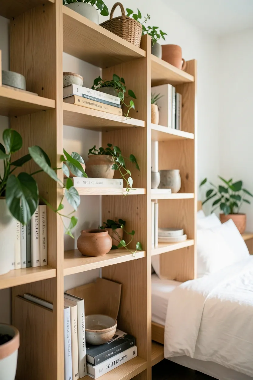Boho bedroom with floating wood shelves displaying a curated mix of books, ceramic vessels, trailing plants, and framed art with intentional negative space
